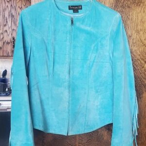 Women's L Turquoise Suede Leather Fringe Jacket Zip Front Princess seams